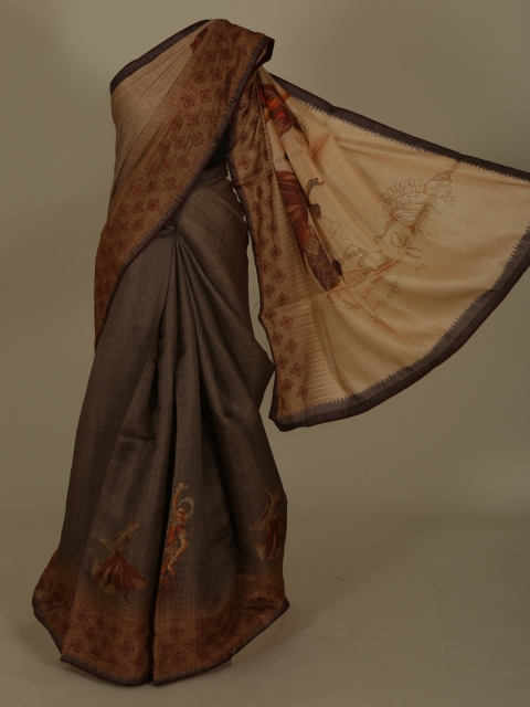

Pothys Brown Solid Jute Silk Saree