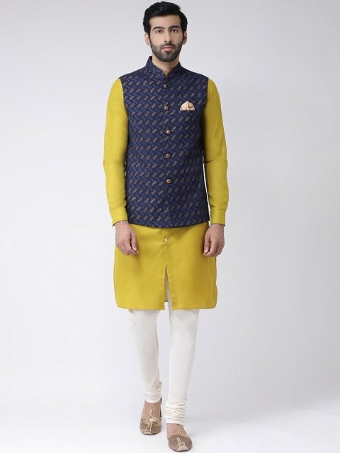 

Vartah Men Yellow & White Solid Kurta with Churidar & Nehru Jacket