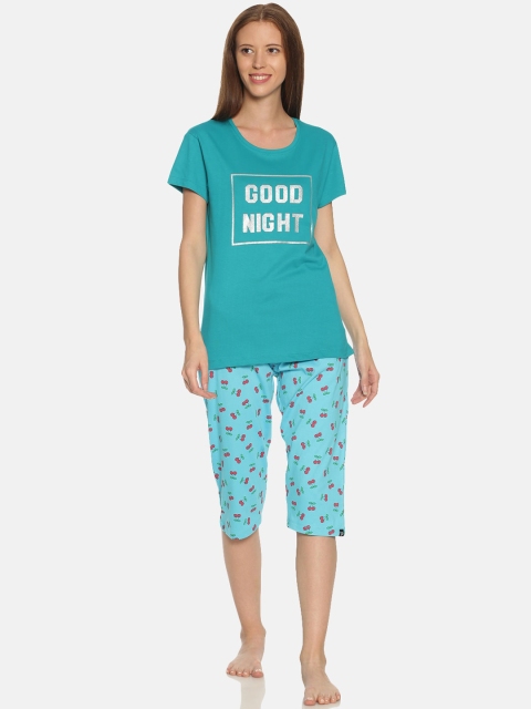 

TWIN BIRDS Women Teal Blue & Pink Printed Night Suit
