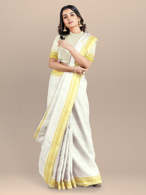 

BharatSthali Cream-Coloured & Gold-Toned Pure Cotton Woven Design Kasavu Sustainable Saree