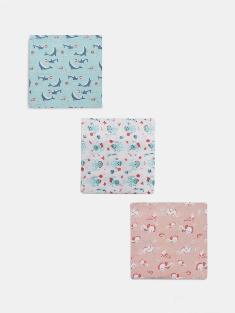 

Kaarpas Infant Set Of 3 Multicoloured Printed Organic Muslin Cotton Swaddle, Blue