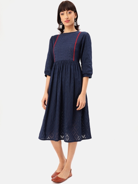 

Saaki Women Navy Blue Solid Fit and Flare Dress