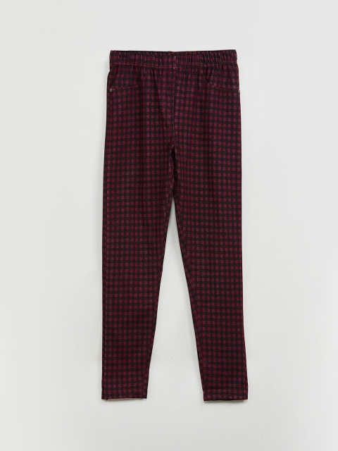 

max Girls Maroon & Black Checked Ankle-Length Leggings