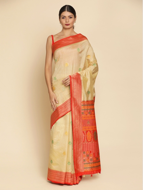 

Koskii Gold-Coloured & Pink Art Silk Woven Design Saree