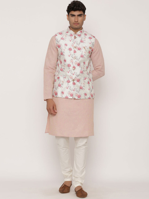 

Tistabene Men White & Pink Floral Printed Nehru Jacket