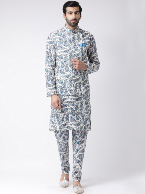 

Vartah Men Blue & White Printed Kurta with Dhoti Pants & Nehru Jacket