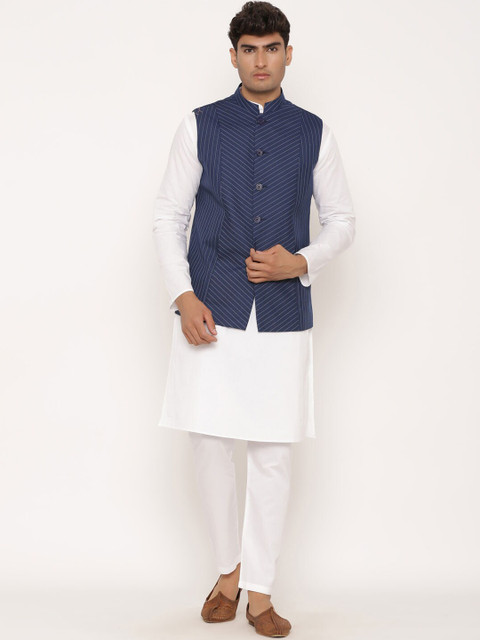 

Tistabene Men Blue Striped Woven Nehru Jacket