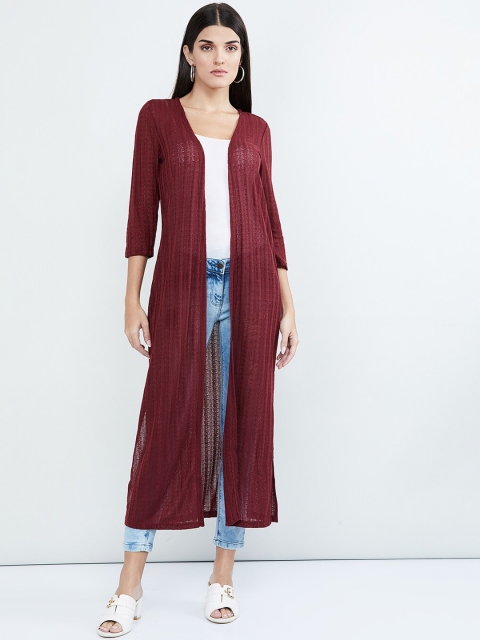 

max Women Maroon Self-Design Semi-Sheer Open Front Longline Shrug