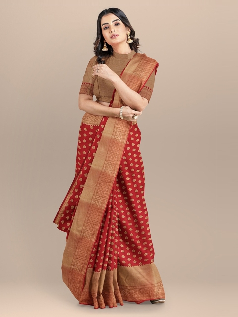 

BharatSthali Red & Gold-Toned Silk Cotton Woven Design Banarasi Saree