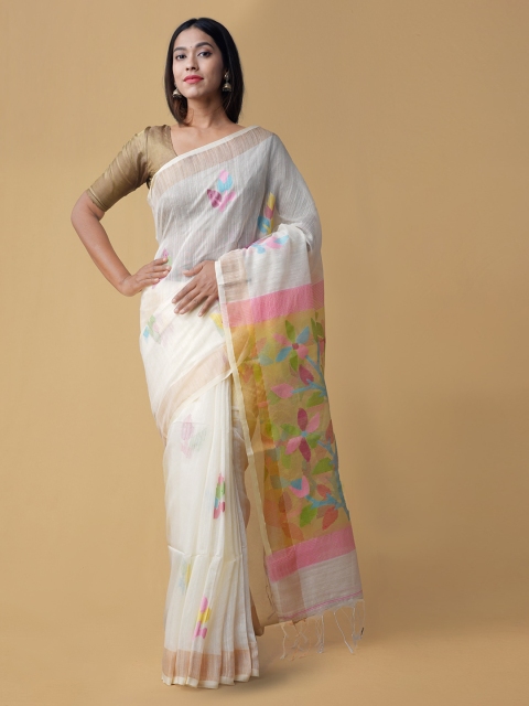 

Unnati Silks White Printed Maheshwari Saree