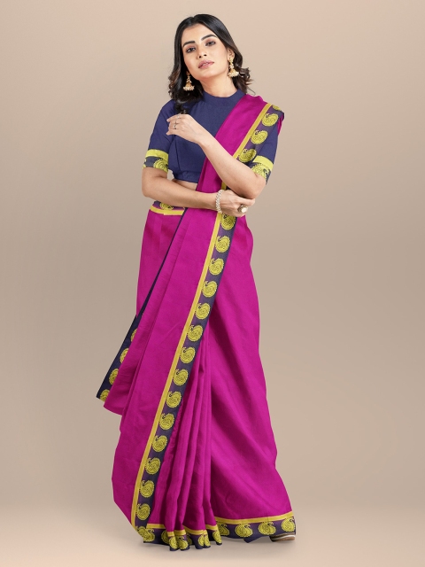 

BharatSthali Magenta & Navy Blue Silk Blend Solid Banarasi Sustainable Saree
