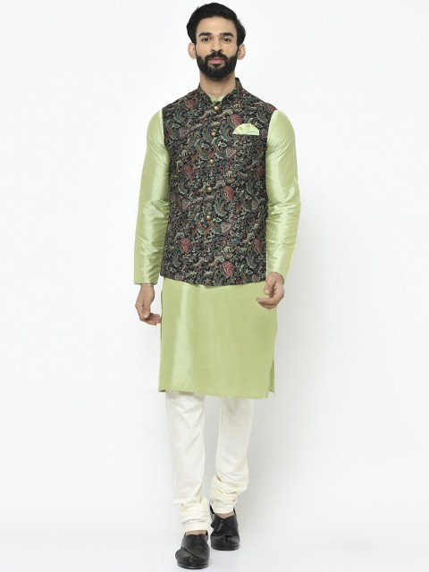 

Vartah Men Fluorescent Green & White Solid Kurta Set with Nehru Jacket