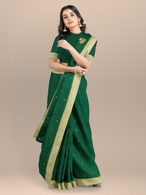 

BharatSthali Green & Gold-Toned Silk Cotton Woven Design Chanderi Handloom Sustainable Saree