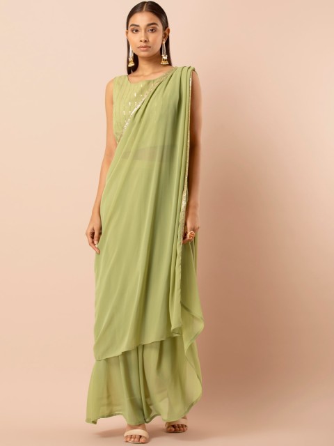 

INDYA Women Green Solid Dupatta Drape High-Low Layered Maxi Skirt