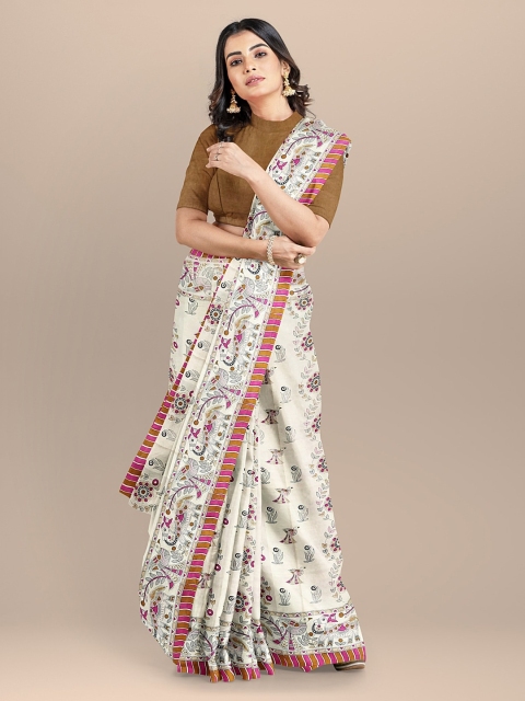 

BharatSthali Cream-Coloured Printed Pure Silk Tussar Saree