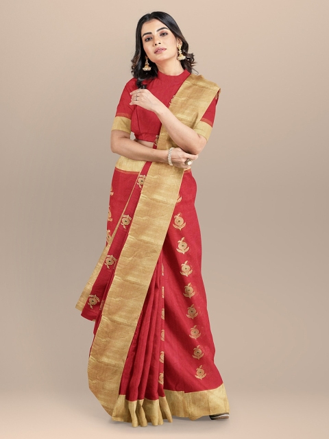 

BharatSthali Red & Gold-Toned Silk Cotton Woven Design Chanderi Sustainable Saree