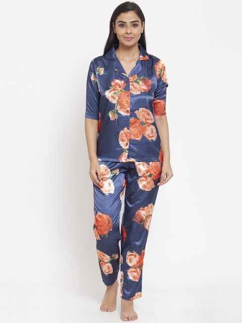 

Claura Women Navy Blue & Orange Printed Night suit