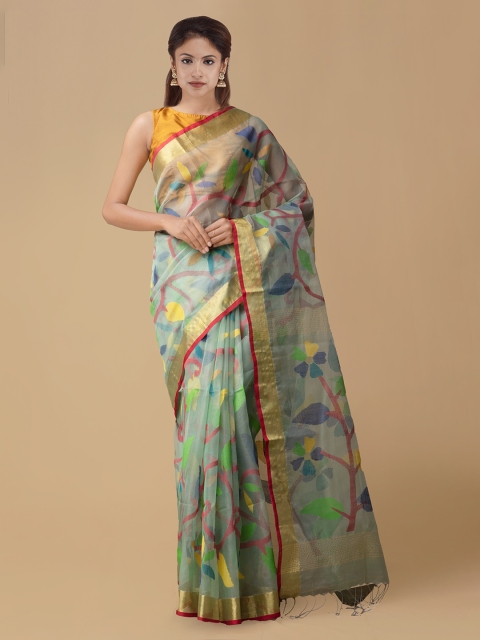 

Unnati Silks Green Silk Cotton Woven Design Maheshwari Handloom Saree
