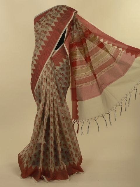 

Pothys Cream-Coloured & Red Supernet Printed Saree