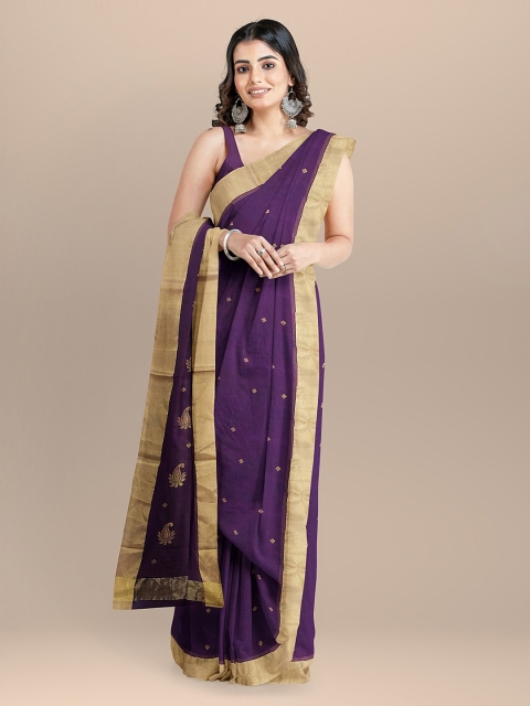 

BharatSthali Purple & Gold-Toned Silk Cotton Woven Design Chanderi Saree