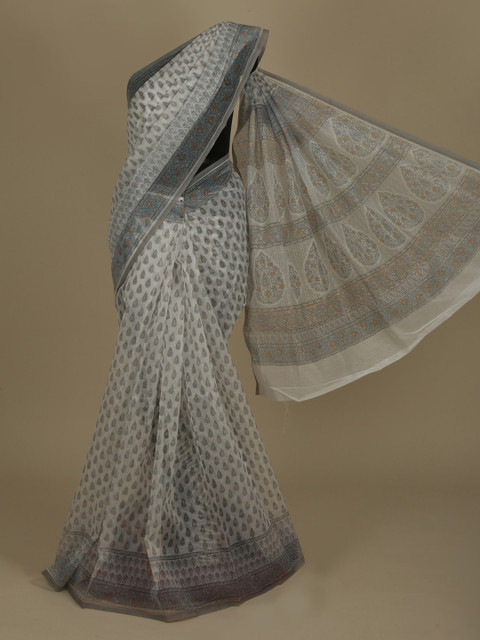 

Pothys White Printed Supernet Saree