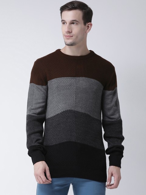 

Club York Men Brown & Grey Colourblocked Knitted Woollen Pullover