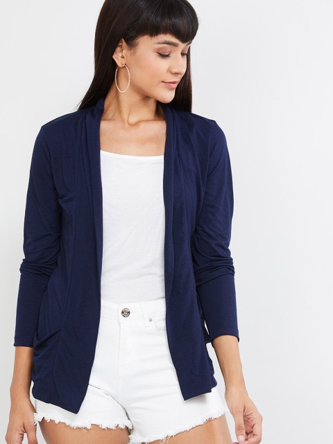 

max Women Navy Blue Solid Open Front Shrug