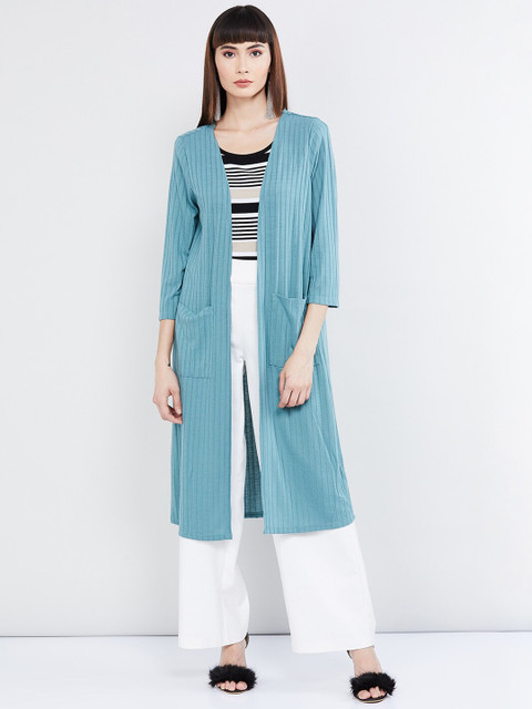 

max Women Teal Green Striped Open Front Longline Shrug