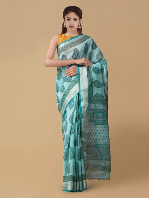

Unnati Silks Blue Pure Linen Handblock Print Handloom Saree