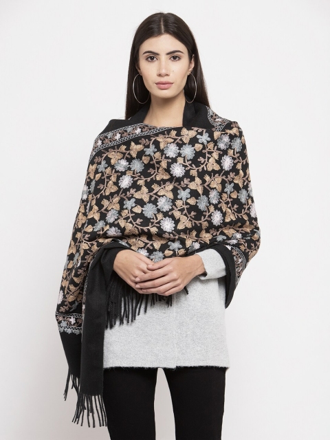 Global Republic Women Black & Multicoloured Floral Embroidered Stole