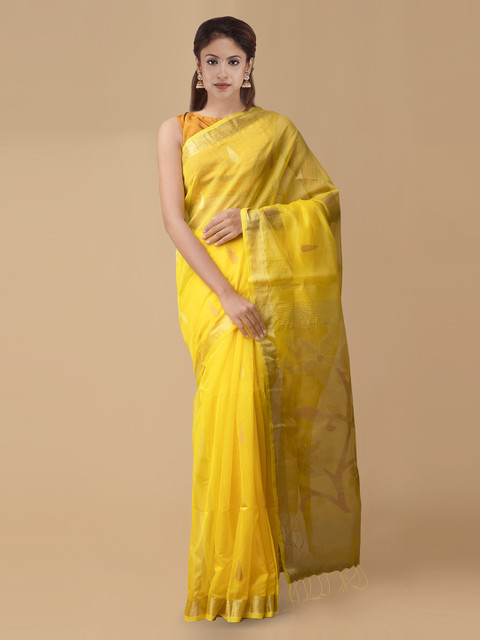 

Unnati Silks Yellow Silk Cotton Woven Design Maheshwari Handloom Saree