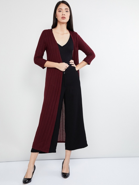 

max Women Maroon Self-Design Open-Front Longline Shrug