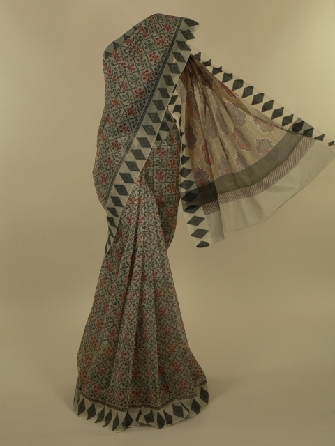 

Pothys Cream-Coloured & Grey Supernet Floral Printed Saree