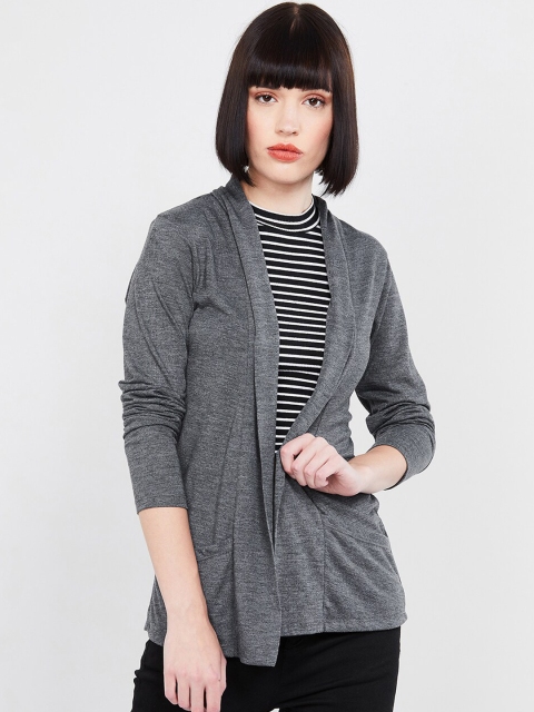 

max Women Charcoal-Grey Solid Open Front Regular Shrug