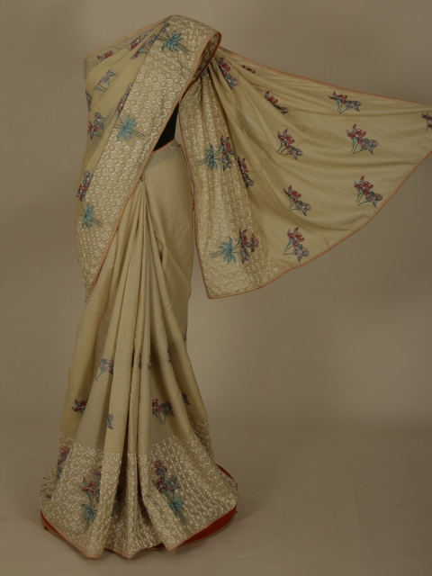 

Pothys Cream-Coloured & Orange Jute Silk Embroidered Saree
