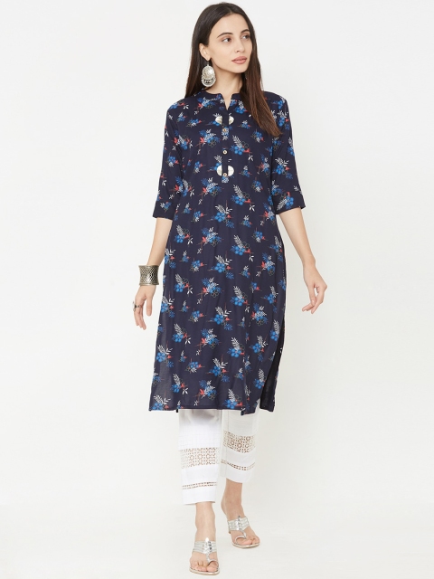 

FASHOR Women Blue Printed Straight Kurta