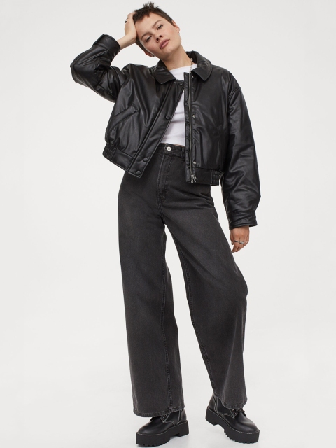 

H&M Women Black Solid Imitation Leather Jacket