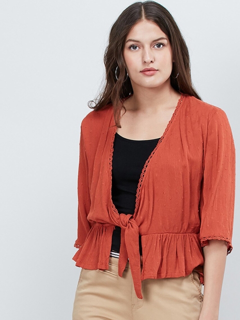 

max Women Rust Red Self-Design Tie-Up Shrug