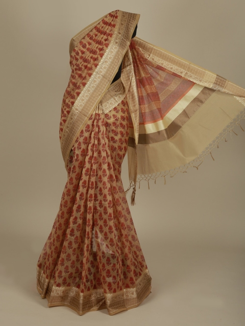 

Pothys Cream-Coloured & Red Supernet Printed Saree