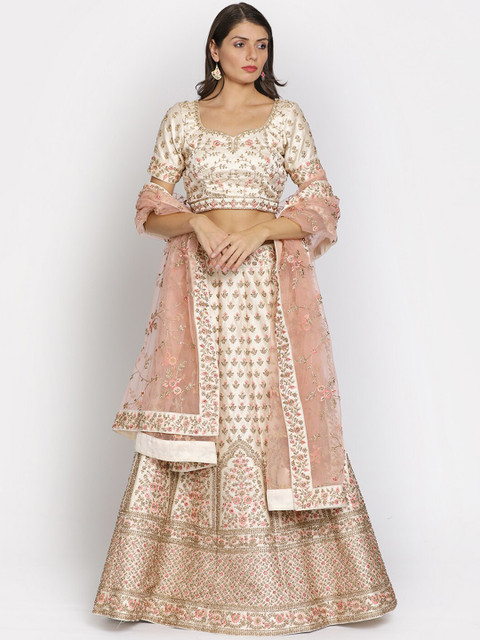 

Koskii Women Gold-Coloured & Pink Embellished Semi-Stitched Lehenga & Unstitched Blouse With Dupatta