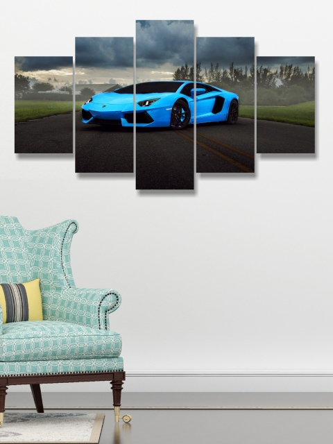 

Go Hooked Set Of 5 Black & Blue Digitally Printed Wall Art