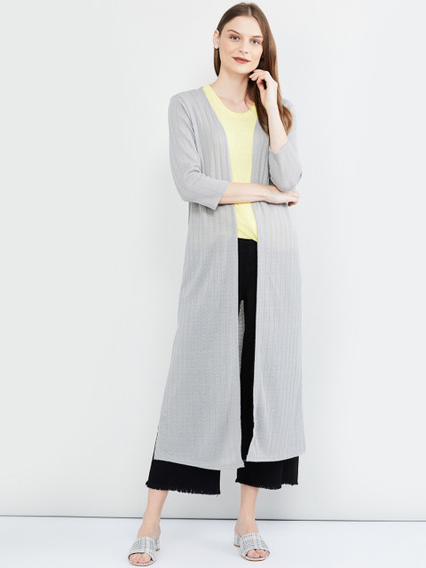 

max Women Grey Self-Design Open Front Longline Shrug