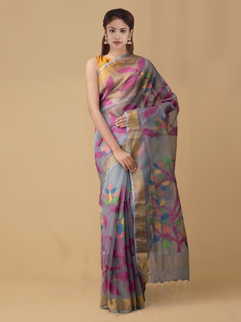 

Unnati Silks Grey Silk Cotton Woven Design Handloom Maheshwari Saree