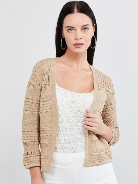 

max Women Beige Self-Design Semi-Sheer Open Front Regular Shrug