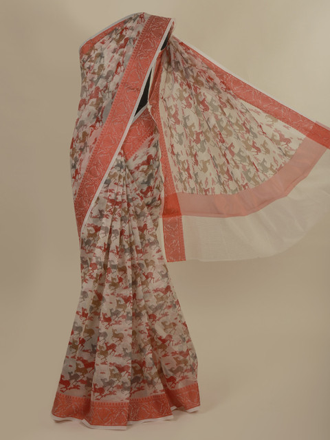 

Pothys Cream-Coloured & Red Supernet Printed Saree
