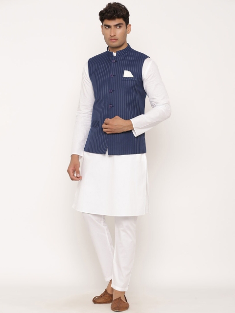 

Tistabene Men Navy Blue & White Striped Woven Nehru Jacket