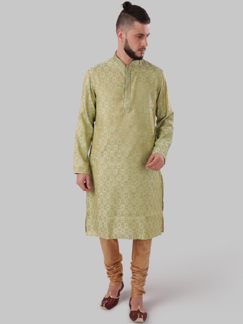 

Ethnix by Raymond Men Green & Gold-Toned Embroidered Straight Kurta