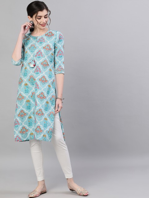 

Ishin DESIGNER STUDIO Women Blue & Red Printed Straight Kurta