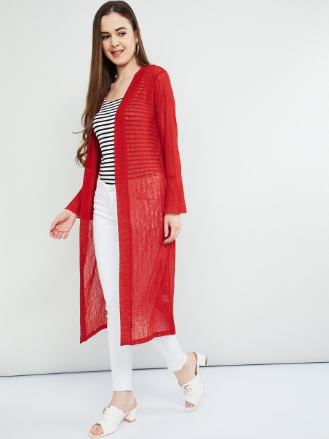 

max Women Red Solid Longline Open-Front Shrug