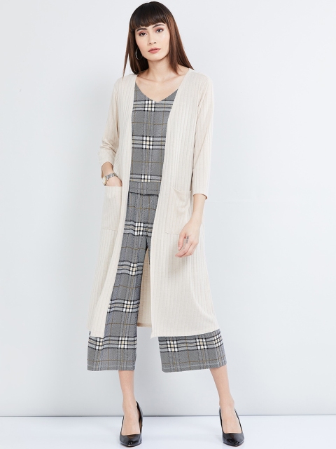 

max Women Cream-Coloured Self-Striped Open Front Shrug